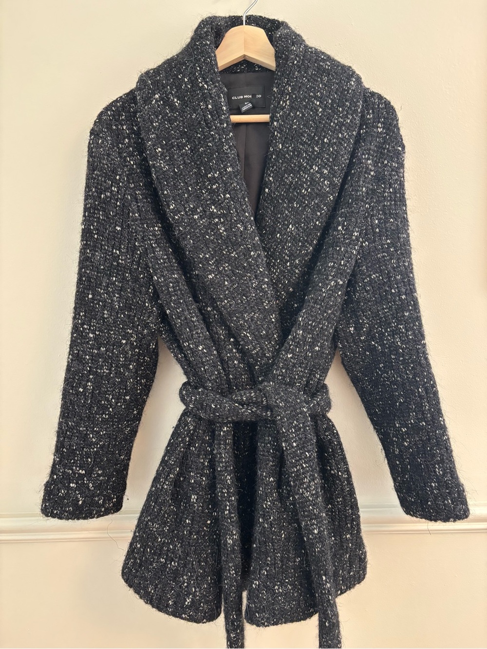 Club Monaco Black Speckle Shawl-Collar Knit Wrap Coat